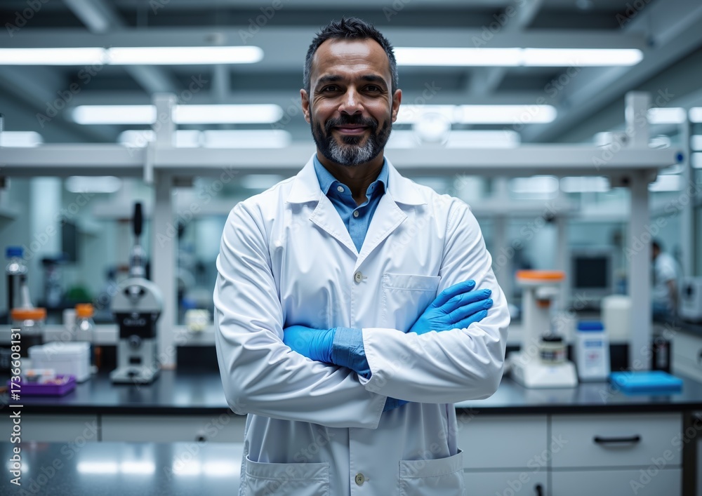 Obraz premium Confident scientist in modern laboratory setting showcasing innovation and research excellence in biotechnology and medical advancements