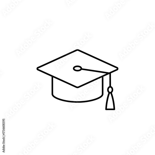 A simple black outline icon of an academic mortarboard graduation cap with a hanging tassel on a white background.