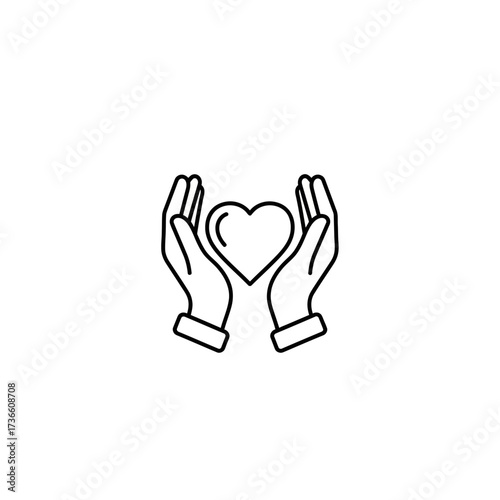 Two hands gently holding a heart shape, conveying care, love, or support in a minimalist line drawing.