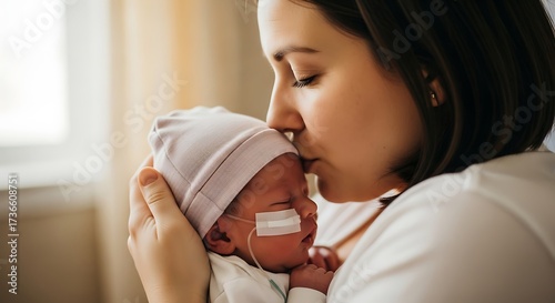 Tender Moment - Mother Kisses Her Premature Baby in Hospital.