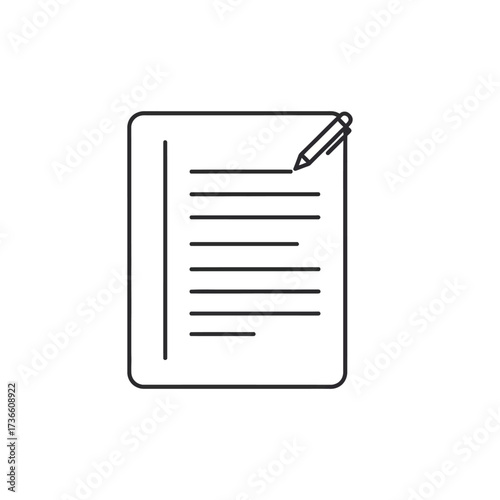 A minimalist line drawing depicts a document with lines of text and a pen poised to write on the upper right corner, symbolizing the act of writing or documentation.