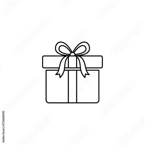 A simple black and white line drawing of a gift box, tied with a ribbon and bow, representing a present.