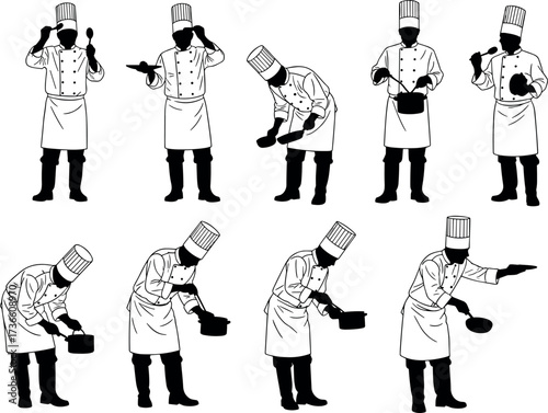 Set of black and white chef illustrations in various cooking poses, perfect for culinary, restaurant, kitchen, and food-related design projects.