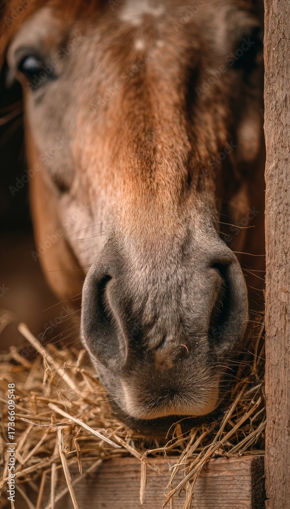 Obraz premium Close-Up of Horse Muzzle Chewing Hay in Wooden Feeder