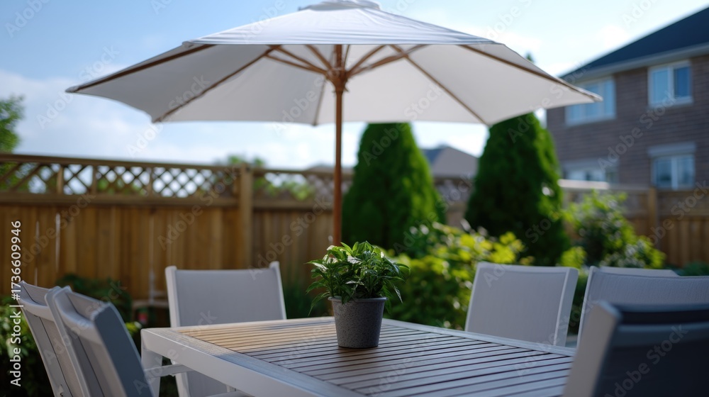 Obraz premium Backyard patio table and chairs set with umbrella