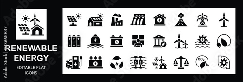 Renewable Energy flat Icon Set. including solar wind, alternative sources energy. Eco icon collection and low emission sustainable power system line icon set. Vector illustration.