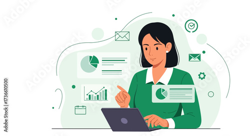Businesswoman Analyzing Data on Laptop: Digital Marketing and Financial Reports Illustration