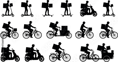 Silhouette delivery riders using diverse urban transport methods including scooters, bicycles, motorcycles, skateboards, and tricycles for courier services