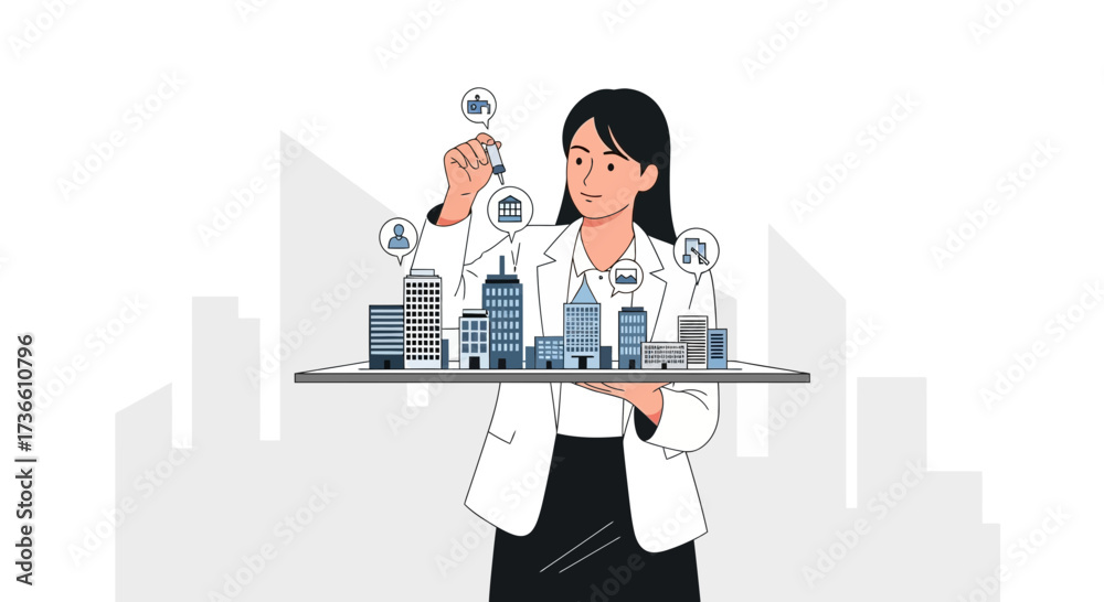 Obraz premium Businesswoman Architect with Building Models and Concept Illustrations, Strategy Planning
