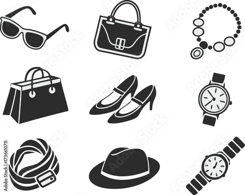 Fashion accessories icon set vector illustration, including hats, sunglasses, handbags, high heels, shorts, jewelry, stylish trendy fashion design elements collection