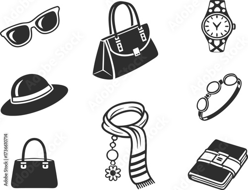 Fashion accessories icon set vector illustration, including hats, sunglasses, handbags, high heels, shorts, jewelry, stylish trendy fashion design elements collection