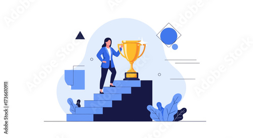 Businesswoman Ascending Stairs To Reach Trophy Symbolizing Achievement And Success