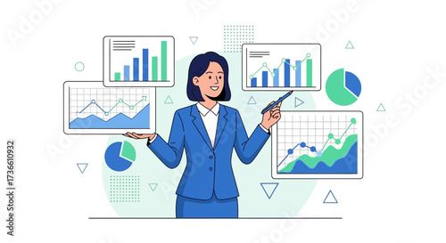 Businesswoman presenting data analysis charts for financial reports and market research