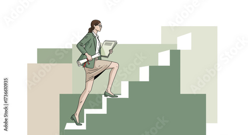 Businesswoman Ascending Stairway Depicting Success and Professional Development In Design