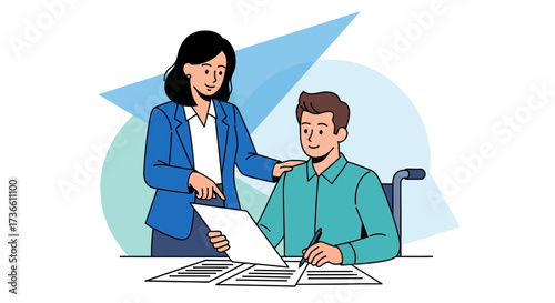 Businesswoman assisting a man in a wheelchair with paperwork vector illustration
