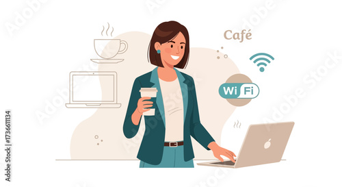 Businesswoman at a cafe using laptop working online drinking coffee with wifi access
