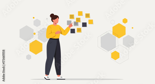 Businesswoman brainstorming and planning with sticky notes on a wall for project ideas