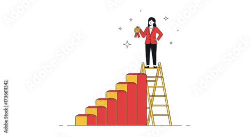 Businesswoman Celebrates Success, Standing Atop a Growing Chart, Award in Hand