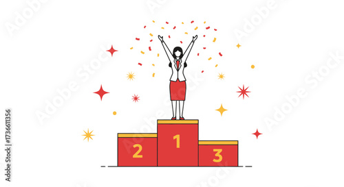 Businesswoman Celebrates Victory And Achievement Standing On A Podium Under Falling Confetti