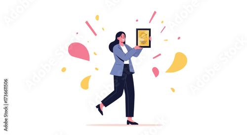 Businesswoman Celebrating Achievement Holding Award in Animated Style with Confetti