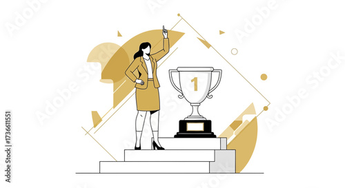Businesswoman Celebrating Success and Victory with Championship Trophy on Podium