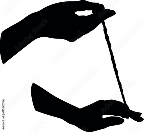 Black silhouette of hands and horse chestnut seed with string isolated on white background. Illustration to traditional game of conkers.	