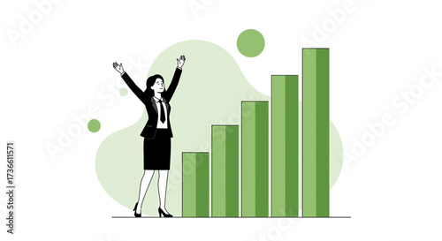 Businesswoman Celebrating Success Next To Growth Chart, Corporate Achievement Concept