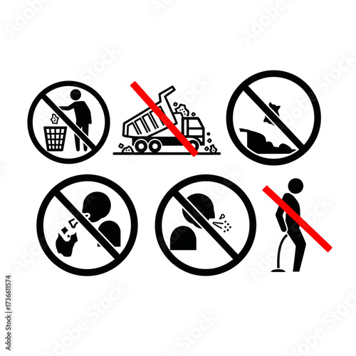 Six black and white prohibition signs illustrating various forbidden actions like littering, dumping, spitting, and public urination, with red crosses.