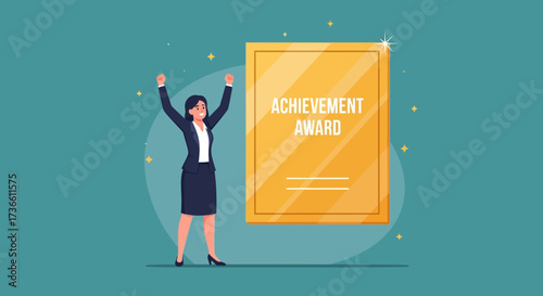 Businesswoman Celebrating Success Beside An Achievement Award For Outstanding Performance