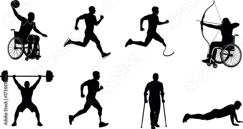 Silhouette icons of disabled athletes in action, showcasing inclusive sports, adaptive fitness, wheelchair basketball, prosthetics, and physical empowerment