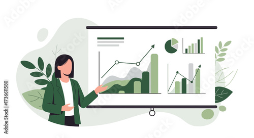 Businesswoman Presenting Financial Data, with charts and a projection screen