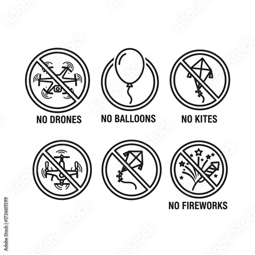 Set of six circular prohibition signs indicating no drones, no balloons, no kites, and no fireworks.