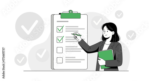 Businesswoman checks list, completing tasks and managing projects efficiently