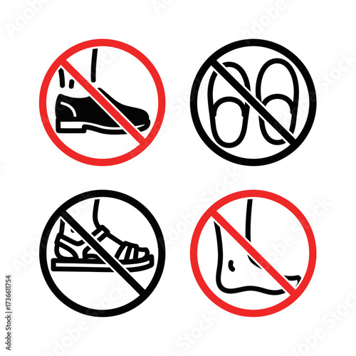 Four black and white prohibition signs showing various types of footwear and bare feet crossed out, indicating no shoes, no slippers, no sandals, and no bare feet.