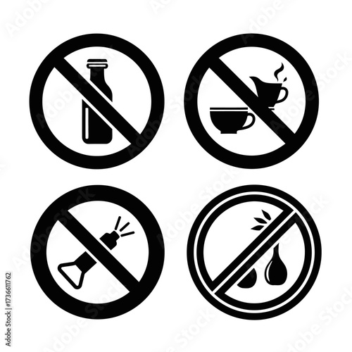 Four prohibition signs: milk, gravy, spray, and liquid drops.