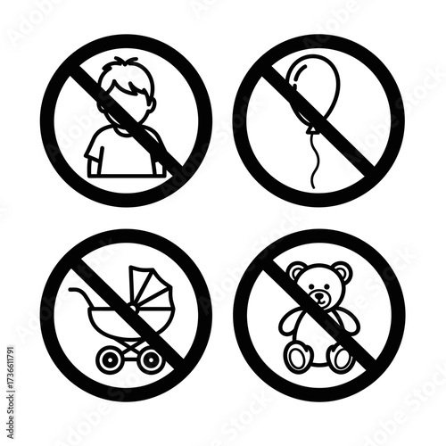 A set of four black and white prohibition icons indicating no children, no balloons, no strollers, and no teddy bears.
