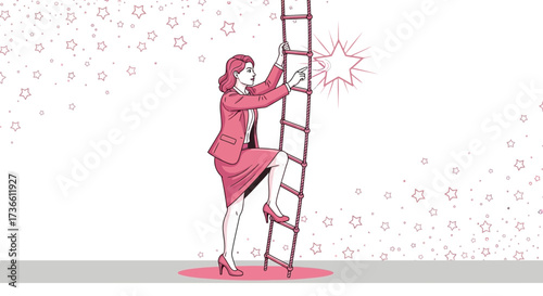 Businesswoman Climbing Ladder Towards Glowing Star Represents Ambition And Success Achieved
