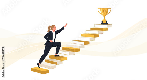 Businesswoman climbing stairs towards a trophy representing goal achievement and success