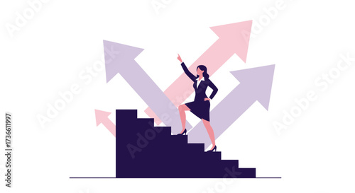 Businesswoman climbing stairs toward success, goal achievement, leadership, upward growth