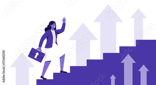 Businesswoman Climbing the Stairs toward Success in a Purple and White Illustration
