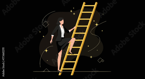 Businesswoman climbing the ladder of success, career and achievement illustration