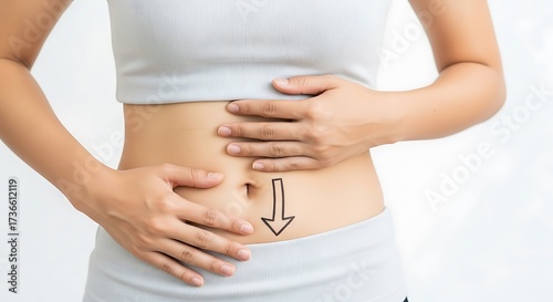 Wallpaper Mural Womans hands on her stomach with a downward arrow, indicating digestion or weight loss. Torontodigital.ca