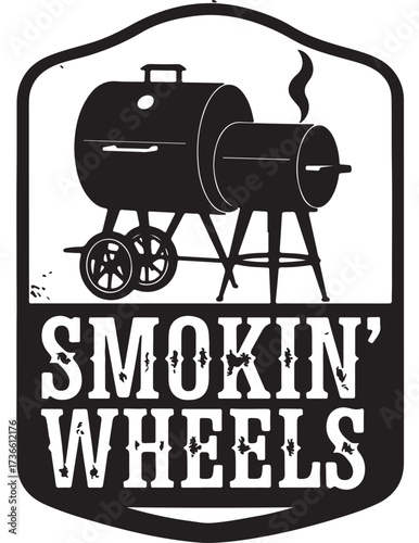 Retro barbecue smoker grill with "Smokin' Wheels" text