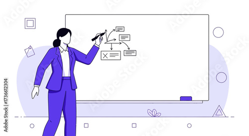 Businesswoman presenting with a white board and pen with an abstract illustration