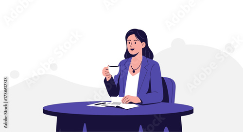 Businesswoman Enjoying Coffee While Reviewing Documents At Her Work Table