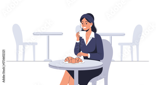 Businesswoman Enjoying Coffee With Croissants In Calm Cafe Scenario Of Life Style