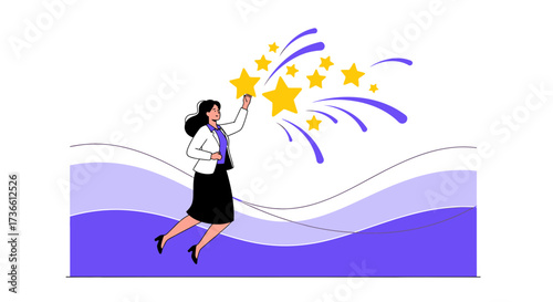 Businesswoman Reaching For Stars, Symbols Of Achievement. Achieving Success And Goals