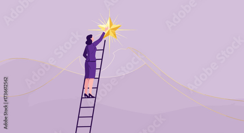 Businesswoman Reaching For The Celestial Star With A Ladder In Pursuit Of Success And Goals