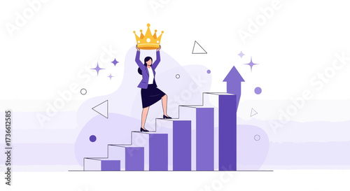Businesswoman Reaching Success And Holding Crown Above Staircase, Illustrative Flat Design