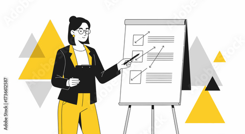 Businesswoman giving a presentation on flipchart in stylish minimalist design on white background